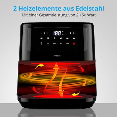 Аерофритюрниця MEDION P10 XL 6,8 л, 2150 Вт, 9 програм, нерж. сталь, сенсорне управління, LED дисплей