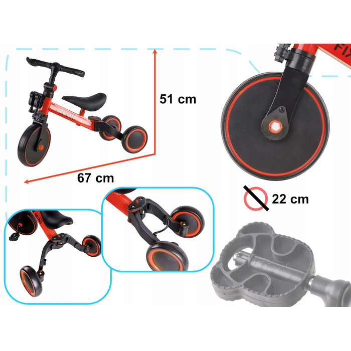 Дитячий триколісний велосипед Ikonka Trike Fix Mini, чорний з червоним