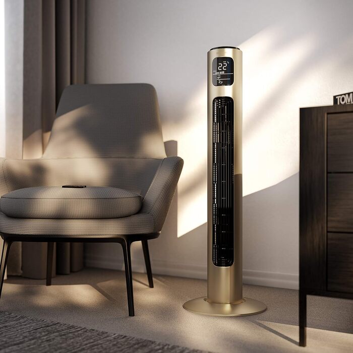Вентилятор Tower Brandson з пультом дистанційного керування, 96 см, 3 швидкості, коливання 60°, мобільний, колір шампань