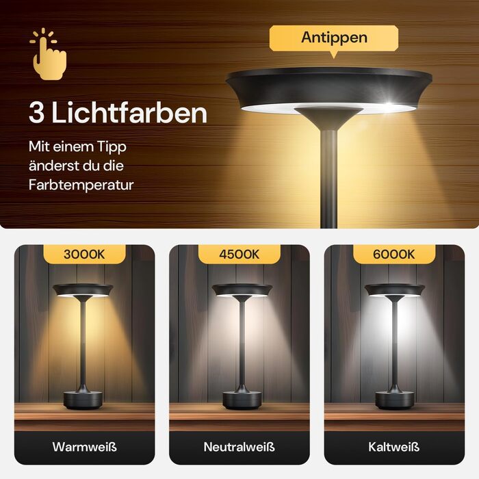 LED настільна лампа Designgold бездротова - стильний дизайн з акумулятором та USB-C - 3 кольори світла та регулювання яскравості - бездротова свобода для використання в приміщенні та на вулиці - акумуляторна, чорна