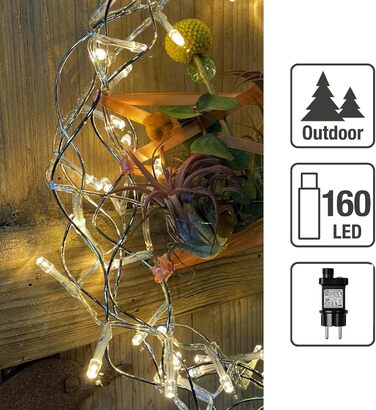 Світлодіодна гірлянда hellum для вулиці й дому, 160 LED, тепле біле світло, з таймером, прозорий кабель, довжина 15,9 м, електрична