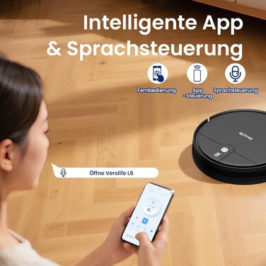 Робот-пилосос VersLife L6 з функцією миття, 4000Pa, керування через додаток, Alexa, до 120 хвилин роботи, ультратонкий дизайн, для видалення шерсті тварин, килимів та твердих підлог, чорний