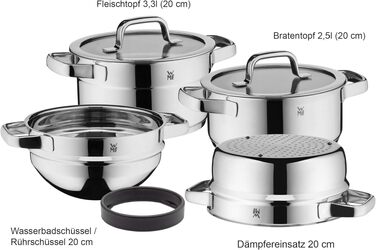 Набір каструль WMF Compact Cuisine 4 предмети для індукції з кришками, нержавіюча сталь Cromargan, з внутрішньою шкалою