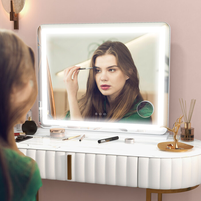 Дзеркало для макіяжу з LED-підсвіткою 80x60 см, косметичне дзеркало з 3 режимами світла, USB-зарядкою та 10-кратним збільшенням