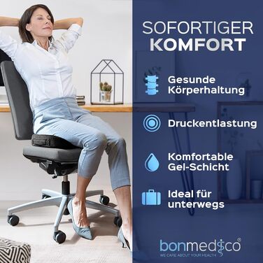 Ортопедична подушка для сидіння Bonmedico з Memory Foam та гелевим наповнювачем - для автомобіля, офісного крісла, інвалідного візка. Чорний велюр, великий розмір.