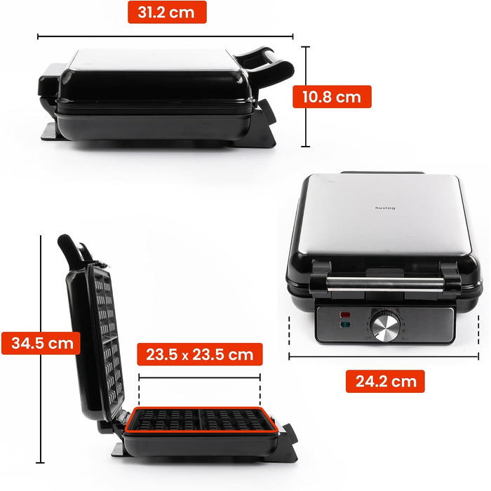 Вафельниця електрична Duo 1200W з антипригарним покриттям та регулюванням температури, на 4 вафлі, срібляста