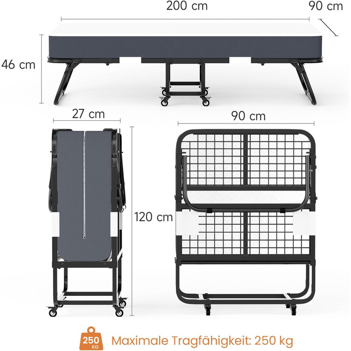 Розкладне ліжко для дорослих 90x200 см з матрацом Memory Foam (13 см), посилений металевий каркас, витримує до 250 кг