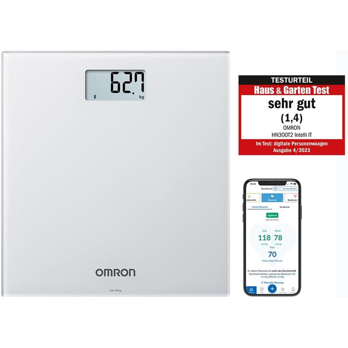 OMRON HN300T2 Intelli IT – розумні електронні ваги для тіла з Bluetooth, для дому, підключення до смартфона, сірі