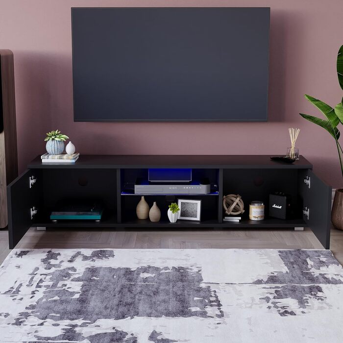 Тумба під телевізор Vida Designs Cosmo з LED-підсвіткою, 2 двері, сучасна, глянцева і матова, MDF, чорна, 160 см, медіа-стійка для вітальні, меблі з RGB освітленням
