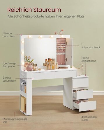Трюмо VASAGLE з LED-підсвічуванням, дзеркалом та ящиками, 40 x 125 x 140 см, сучасний дизайн, колір 