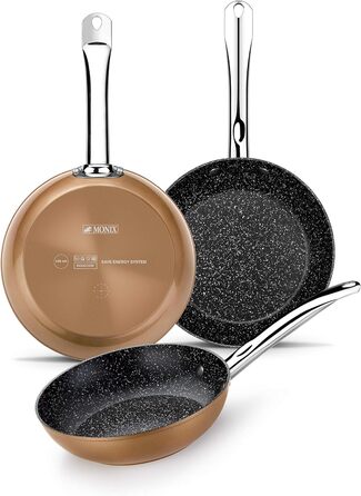 Набір сковорідок MONIX Copper з кованого алюмінію з антипригарним покриттям і титановими частинками, мідний ефект, для всіх типів плит, включаючи індукцію, 20/24/28 см