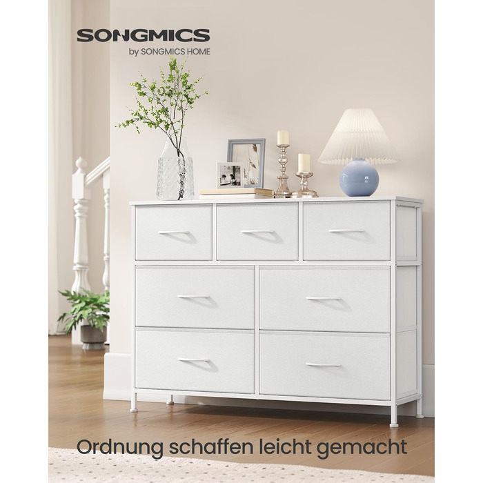 SONGMICS Комод зі 7 висувними ящиками, шафа для зберігання, сталь, MDF, флізелін, для спальні, прихожей, вітальні, білий (LGS323WH01)
