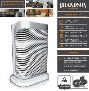 Керамічний обігрівач Brandson 1500 Вт, енергоощадний, безшумний, 2 режими, для ванної кімнати, плавне регулювання температури, термозахист, сріблясто-білий