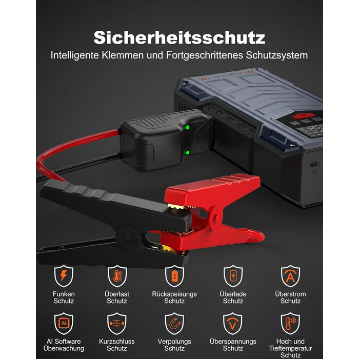 Пусковий пристрій (бустер) Starthilfe 8000A з компресором 150 PSI, 9-в-1: Jump Starter 12V для бензинових та дизельних авто (до 14л), електричний насос та Powerbank з швидкою зарядкою 30W
