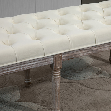 HOMCOM: Стильний пуф-лавка з вінтажним дизайном, обтягнутий м'яким оксамитом. Ідеально підійде як банкетка біля ліжка або додаткове місце для сидіння. Матеріал: гумове дерево, оксамит. Колір: бежевий. Розміри: 142 x 47 x 51 см.