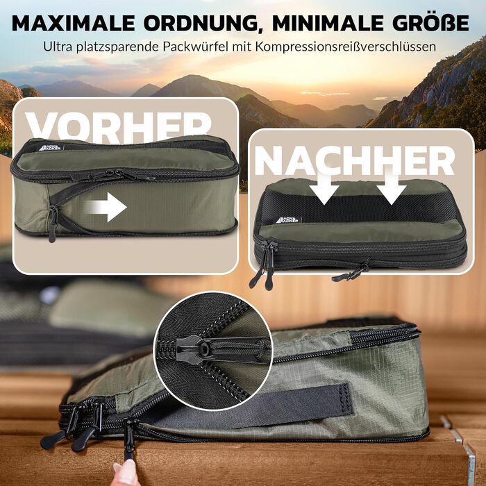 Набір компресійних органайзерів для одягу BACK&PACKER (6 предметів) — дорожні пакувальні куби з перероблених матеріалів для валізи та рюкзака, включаючи сумку для вологих речей (Оливковий)