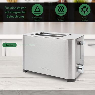 Тостер ProfiCook PC-TA 1251, 2 тостових слоти, нержавіюча сталь, широкий слот, знімна насадка для булочок, регульований ступінь підсмажування, піддон для крихт, кабельний відсік