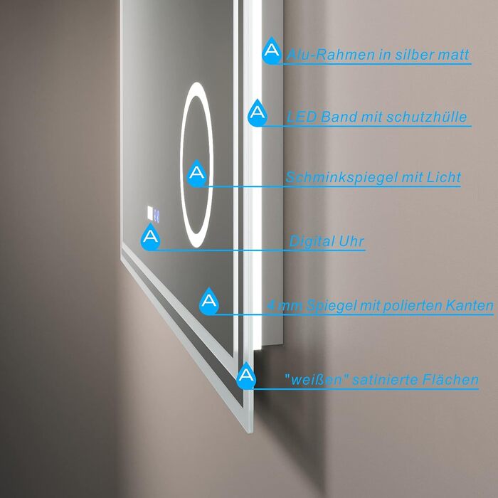 Дзеркало для ванної кімнати AQUABATOS LED 50x70 см з підсвічуванням, сенсорним вимикачем, регулюванням температури світла (6400K), IP44, CE, енергозберігаюче. Серія Essens