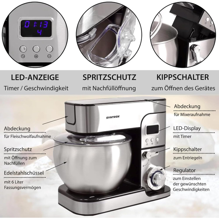 Кухонна машина Syntrox Germany Glumya 7 л, м'ясорубка, 1300 Вт, нержавіюча сталь, аксесуари для тіста й кремів, LED-дисплей, таймер, чорна