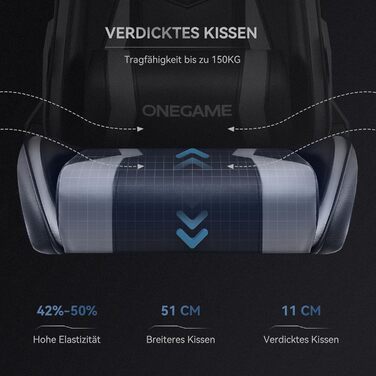Ігрове крісло OneGame, велике ергономічне комп'ютерне крісло з PU-шкіри, регульовані підлокітники, для геймінгу та офісу, до 150 кг, чорне-синє