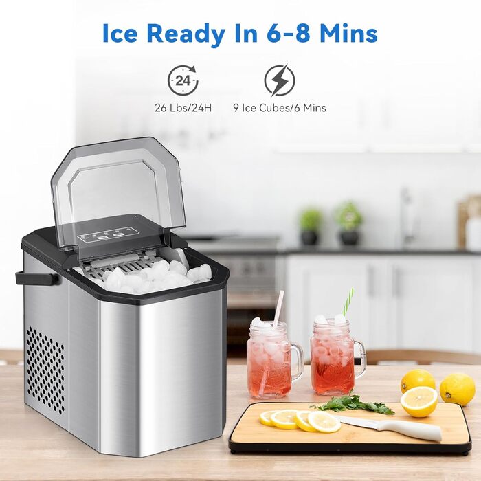 Льодогенератор Eiswürfelmaschine 120W, 9 кубиків за 6 хв, 11.8 кг/24 год, самоочищення, з лопаткою та кошиком для вечірок, офісу, бару, кемпера, 2.3 л