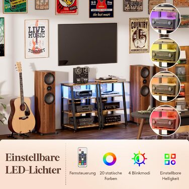 Аудіостійка Lifewit з 4 рівнями, LED-підсвіткою та розетками, дерев'яно-сталевий Hi-Fi стелаж із регульованими полицями для програвачів, стереосистем, 60x55x90 см