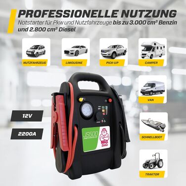 Бустер для авто MAXTOOLS JS500 2200A 22Ah: пусковий пристрій (джампстартер) для 12V дизельних та бензинових двигунів, Powerbank з LED-ліхтарем та USB