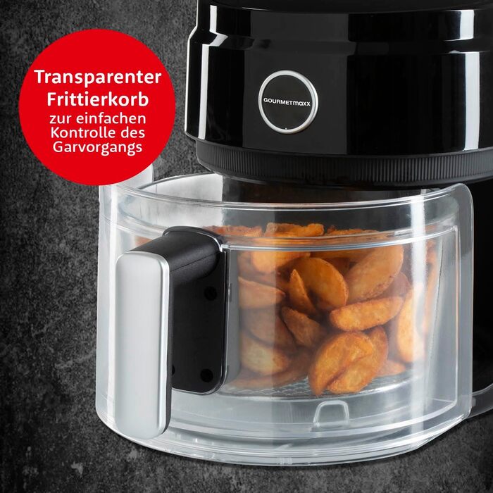 Цифрова аерофритюрниця GOURMETmaxx 3,3 л, скляна чаша, 1400 Вт, чорна/прозора, безжирне смаження, таймер