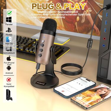 Zealsound USB мікрофон K66 Gold для ПК, смартфонів, PS4/5, конденсаторний, з шумозаглушенням, кнопкою вимкнення та ехоефектом, для ігор, запису, стрімінгу, YouTube, сумісний з Mac та Windows