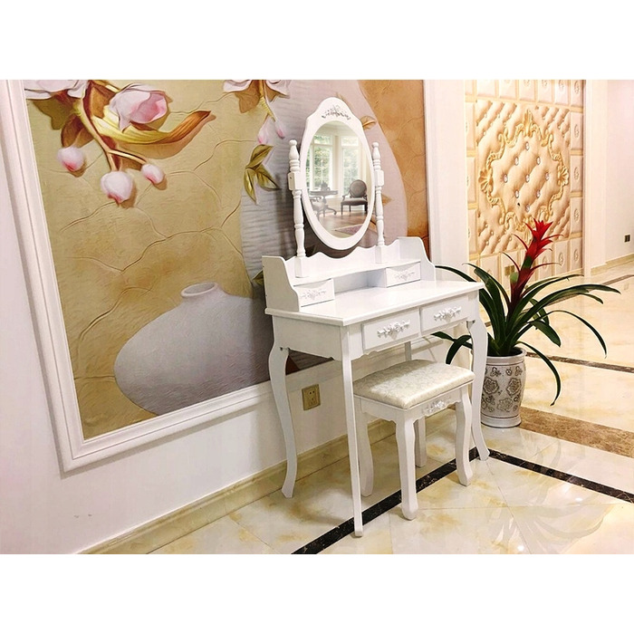 Туалетний столик з дзеркалом та пуфом Care Life, 40 x 75 x 147 см, білий