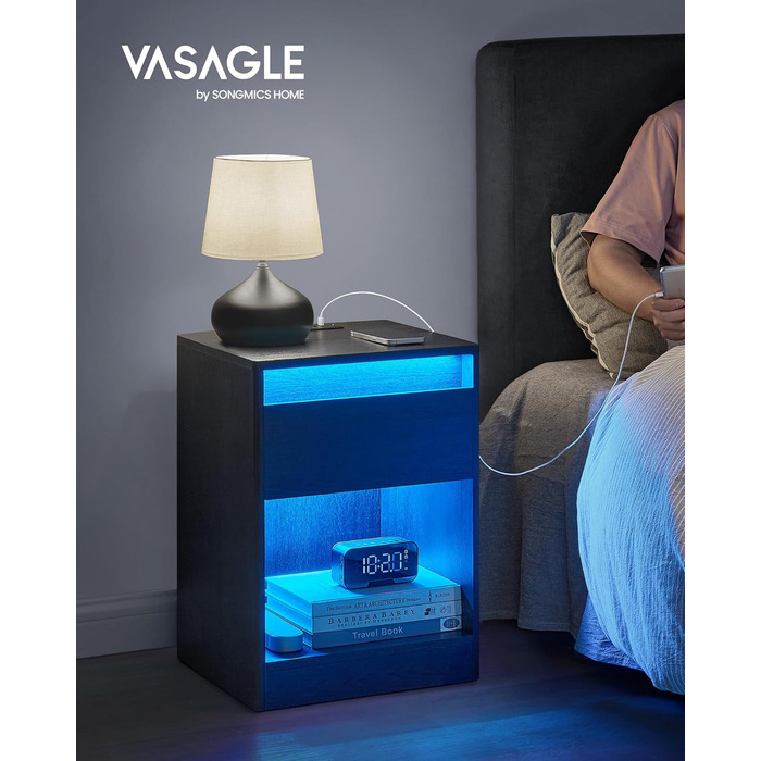VASAGLE приліжковий столик з LED-підсвіткою, розетками та USB, сучасний, ящик, для спальні і вітальні, чорний