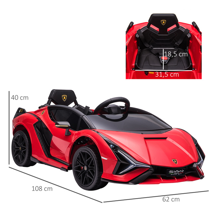 Дитячий електромобіль 12V, 2 режими руху, Lamborghini Sian SUV, іграшковий електромобіль з пультом дистанційного керування, музикою (MP3/USB), світлом, для дітей 3-5 років (37-60 місяців), металевий, червоний, розміри: 108 x 62 x 40 см
