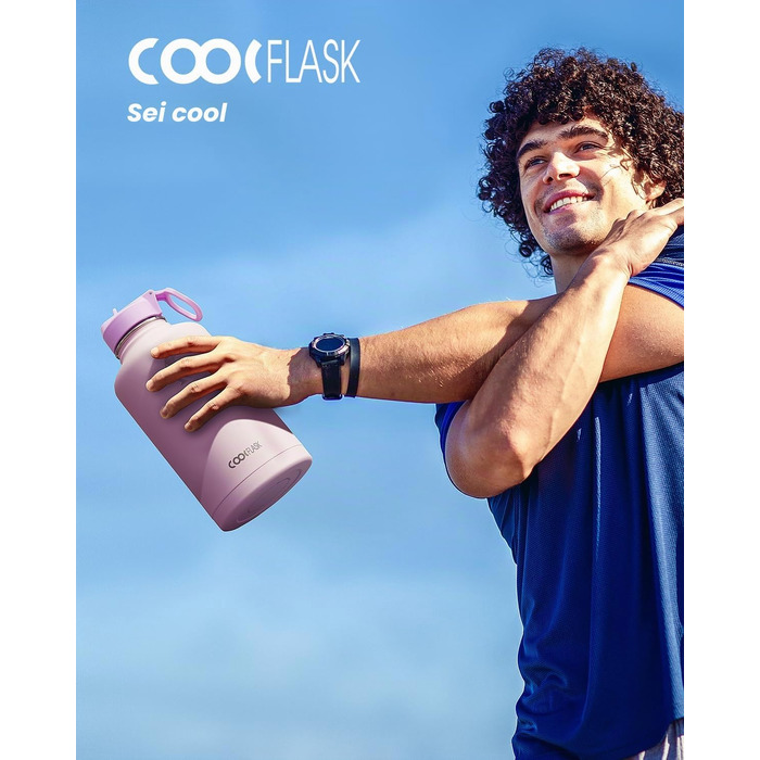 Термобутилка Coolflask 2Л зі сталею, трубою та 3 кришками, вакуумний ізольований спорт-флакон для води та офісу, герметична, рожева (1893 мл)
