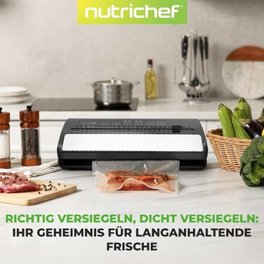 NutriChef PKVS Вакуумний пакувальник стартовий набір | Автоматичний запаювач пакетів | Компактна система для збереження свіжості продуктів | Перевірена в лабораторії, універсальна система консервації продуктів (Сухе/Вологе) | Срібно-чорний колір