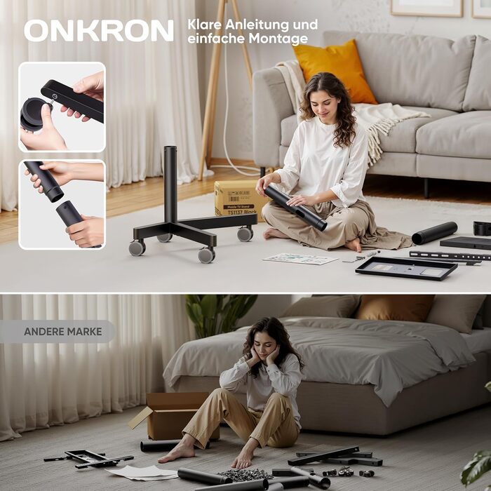 Мобільна стійка для телевізора ONKRON 23-60'' до 40 кг, з колесами, регульована висота, чорна, VESA 400x400, TS1137-B