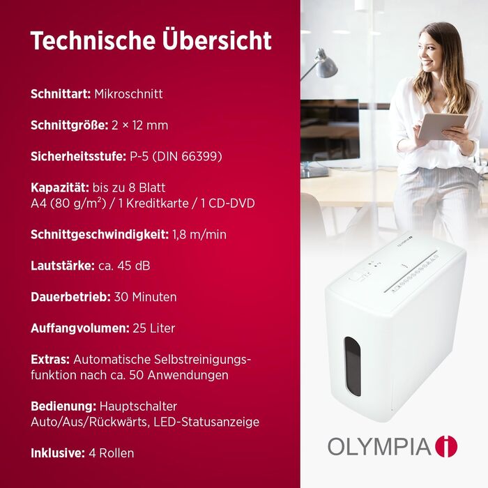Шредер для паперу та кредитних карток Olympia MC 2508 S, знищення 10 аркушів, кошик 10 л, рівень секретності P4 (частки), білий