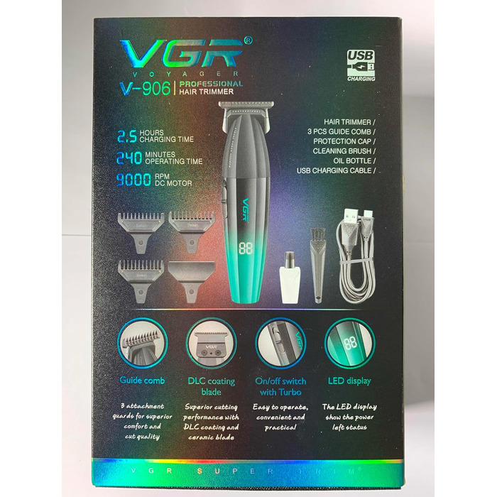Професійна машинка для стрижки VGR 906 Fresh Fade, 9000 об/хв, бездротовий тример для бороди та волосся з DLC T-лезом, USB зарядка, зелена