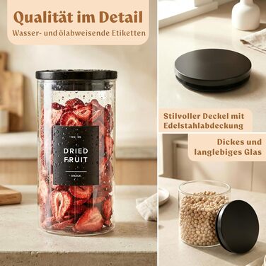 Набір скляних контейнерів для продуктів EDELHAUS з чорними кришками (5 шт.), органайзер для кухні з 54 етикетками для борошна, цукру, кави та чаю (2000мл, 1400мл, 650мл)