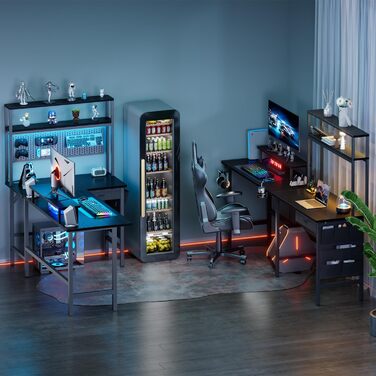 Ігровий стіл L-подібний 170x100 см з LED, 3 розетки, 2 USB, стіл для геймінгу та офісу, чорний