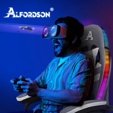 Ігрове крісло ALFORDSON з LED-підсвіткою, 8-точковий масаж, ергономічне крісло для геймерів з RGB, підголівником і поперековою підтримкою, тканина, сірий