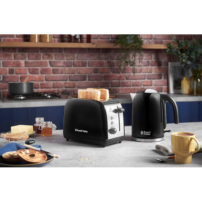 Тостер Russell Hobbs Colours Plus Edelstahl на 2 тости, чорний - з підставкою для булочок, 6 режимів підсмажування, розморожування, функція Lift & Look, 1600 Вт