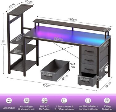 Ігровий стіл APICIZON 150 см з полицею, підставкою для монітора та RGB-підсвіткою, чорний. Комп'ютерний стіл з USB, тримачем для навушників та підставкою для чашки, карбоновий дизайн