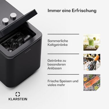 Льодогенератор Klarstein IceCraft 12 кг/24 год, швидке виробництво льоду (6 хв), 2 розміри, автоочищення, для кухні та бару, 150 Вт, чорний