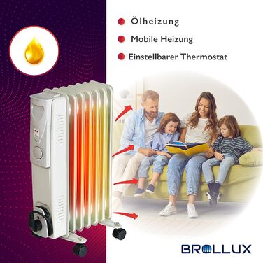 Електричний масляний радіатор BROLLUX 1500W, мобільний обігрівач з 7 секціями та термостатом