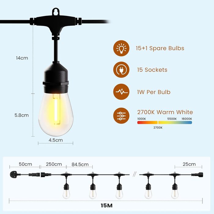 LED гірлянда S14 15м для вулиці, водонепроникна IP65, теплий білий 2700K, 16 ламп, пластик