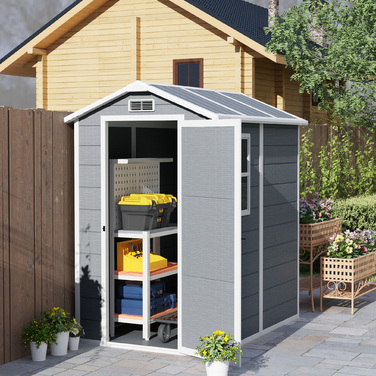 Outsunny Garden Shed 2,1 м², Водонепроникний садовий сарай з підлоговим односхилим дахом, 131x186x198/172 см, Сарай для інструментів з дверима, що замикаються, Вікно Велосипедний гараж, Садова шафа з алюмінію, для заднього двору, Саду, Сірий