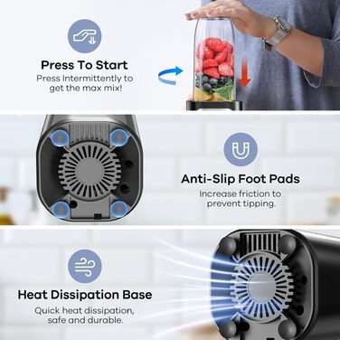 Блендер Ganiza Mini Smoothie Maker 900W з 3 стаканами (500мл x2, 700мл), електричний, сталеві ножі, BPA-free, для смузі та коктейлів