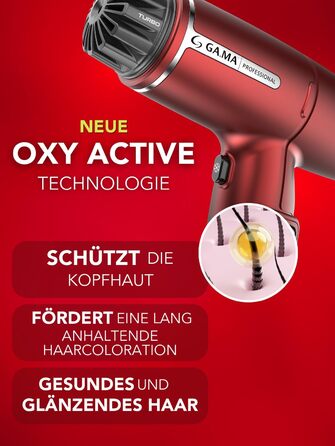 Професійний фен для волосся Gama Italia iQ Lite 1600 Вт, 110 000 об/хв, Oxy Active технологія для яскравості кольору, подвійний фільтр, ультралегкий 316 г, червоний