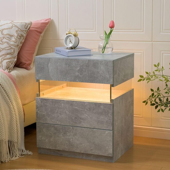 Тумбочка Cubehom з шухлядою і LED-підсвіткою, мармурова біла, дерев'яна, приліжкова тумба для спальні