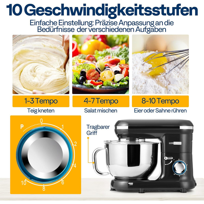 Кухонна машина VIVOHOME 5.7L, 660W з 10 швидкостями, міксер для тіста, чорна